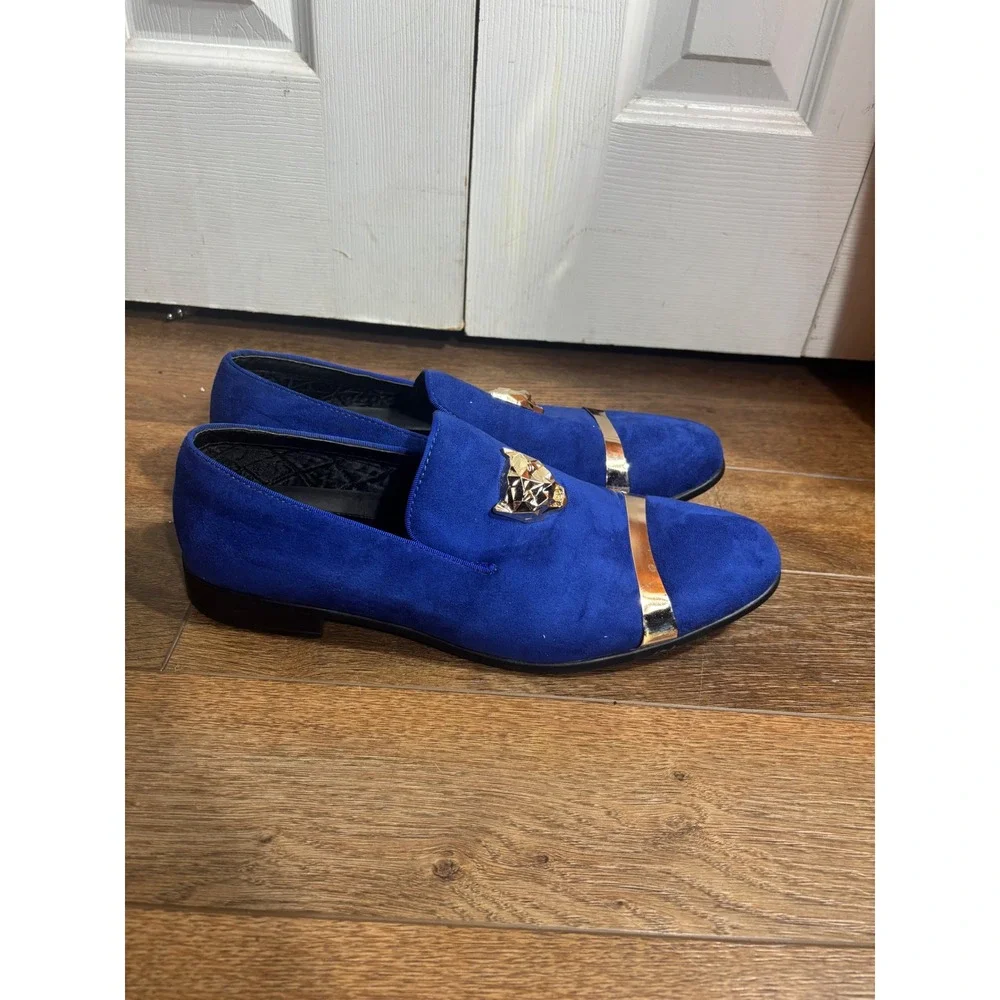 Amali Mens Royal Blue Suede‎ Loafer Shoes Gold Lion Head Buckle Dress Size 12